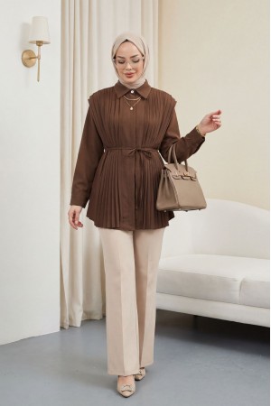 Önü ve Sırtı Pilise Detaylı Gizli Düğmeli Tasarım Gömlek  -Kahve