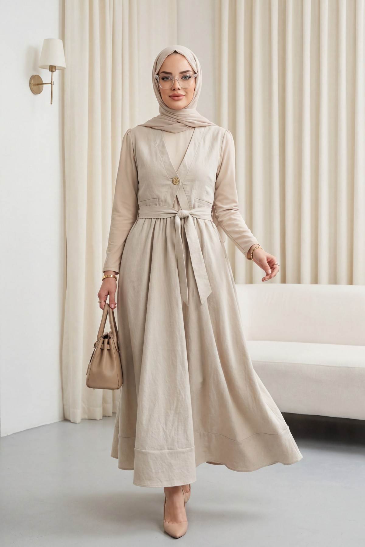 Cupra Dress with Elastic Waistband and Vest Detail - Beige