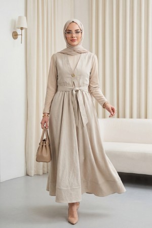 Cupra Dress with Elastic Waistband and Vest Detail - Beige