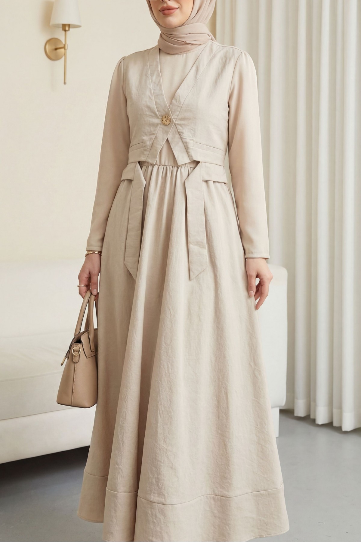 Cupra Dress with Elastic Waistband and Vest Detail - Beige