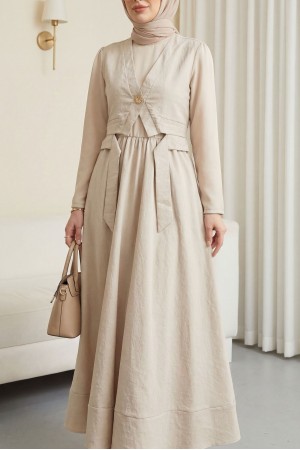 Cupra Dress with Elastic Waistband and Vest Detail - Beige