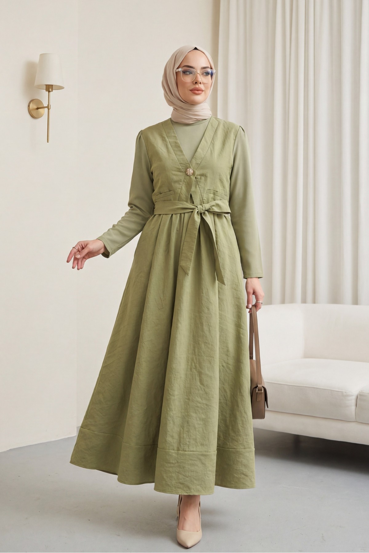 Cupra Dress with Elastic Waistband and Vest Detail -Cagla Green