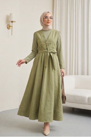 Cupra Dress with Elastic Waistband and Vest Detail -Cagla Green