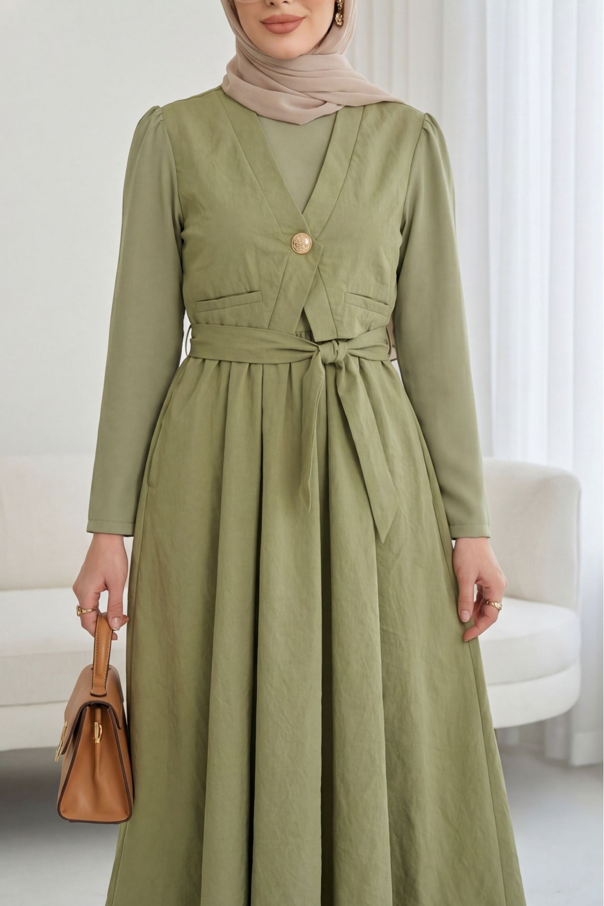 Cupra Dress with Elastic Waistband and Vest Detail -Cagla Green