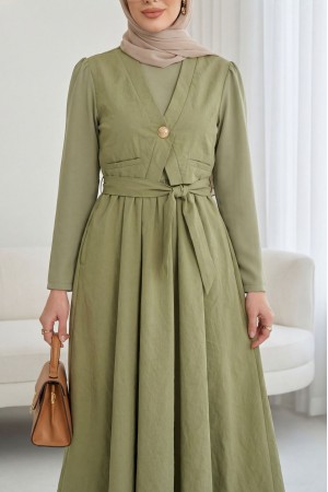 Cupra Dress with Elastic Waistband and Vest Detail -Cagla Green