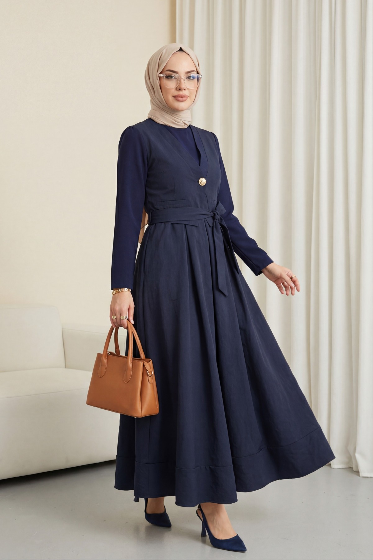 Cupra Dress with Elastic Waistband and Vest Detail -Navy blue