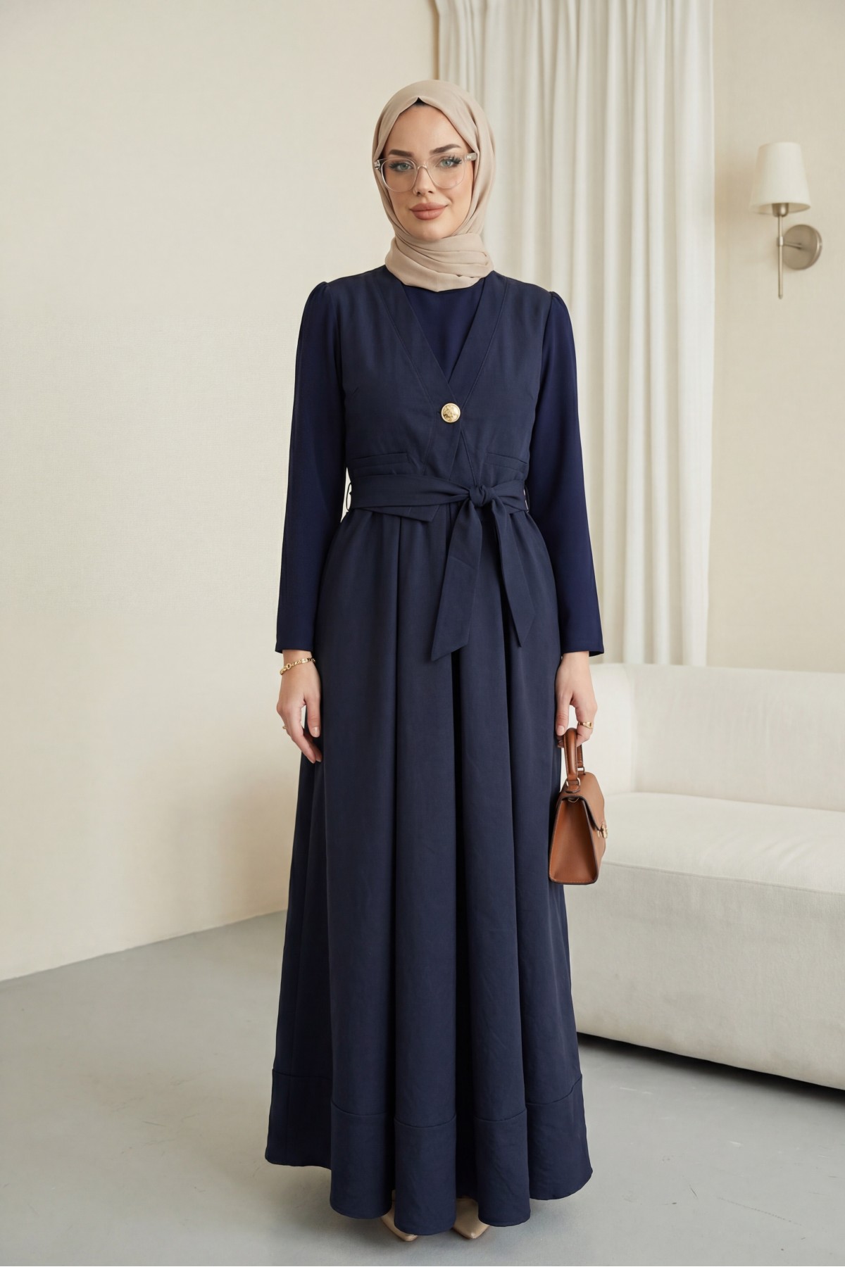 Cupra Dress with Elastic Waistband and Vest Detail -Navy blue