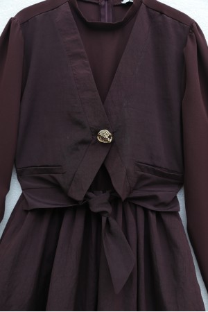 Beli Bağlamalı Lastikli Yelek Detaylı Cupra Elbise -Mürdüm