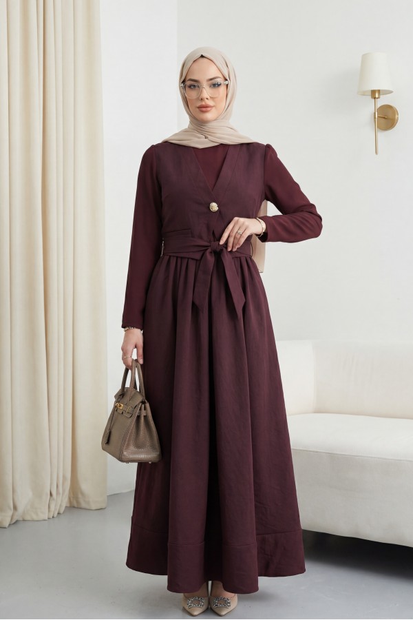 Cupra Dress with Elastic Waistband and Vest Detail -Damson