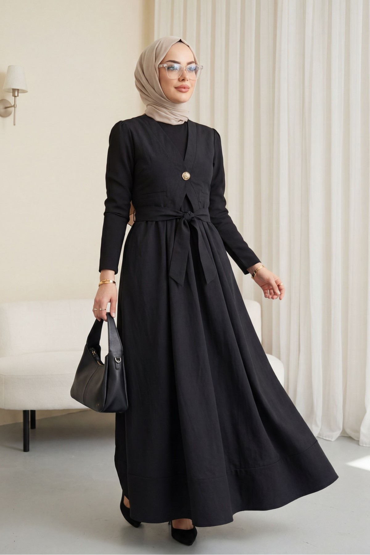 Cupra Dress with Elastic Waistband and Vest Detail -Black