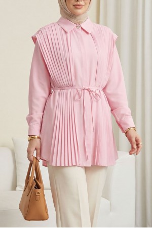 Önü ve Sırtı Pilise Detaylı Gizli Düğmeli Tasarım Gömlek   -Pembe