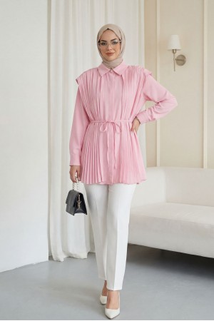 Önü ve Sırtı Pilise Detaylı Gizli Düğmeli Tasarım Gömlek   -Pembe