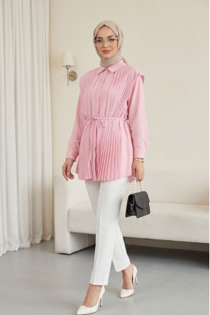 Önü ve Sırtı Pilise Detaylı Gizli Düğmeli Tasarım Gömlek   -Pembe