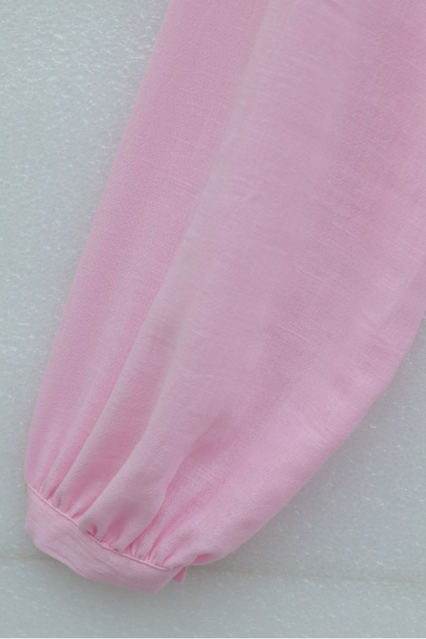 Önü Bağlamalı Dantel Detaylı Eteği Astarlı Keten Görünümlü Takım   -Pembe