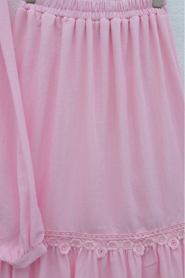 Önü Bağlamalı Dantel Detaylı Eteği Astarlı Keten Görünümlü Takım   -Pembe