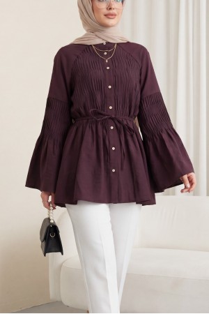 Spanish Sleeve Embellished Buttoned Belted Cupra Tunic -Damson