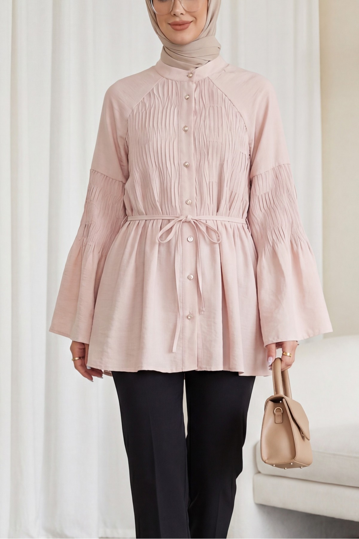 Spanish Sleeve Embellished Buttoned Belted Cupra Tunic -Powder