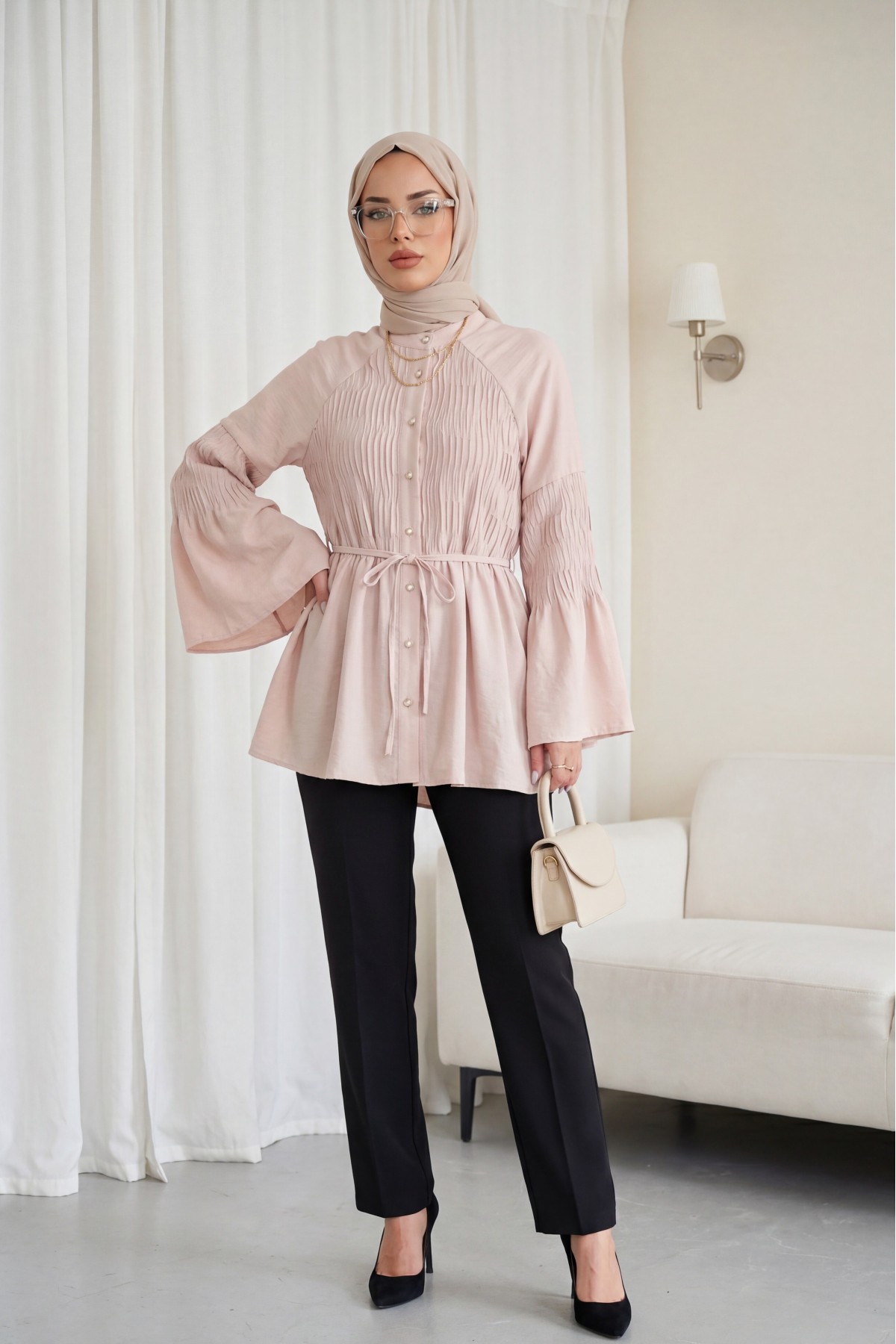 Spanish Sleeve Embellished Buttoned Belted Cupra Tunic -Powder