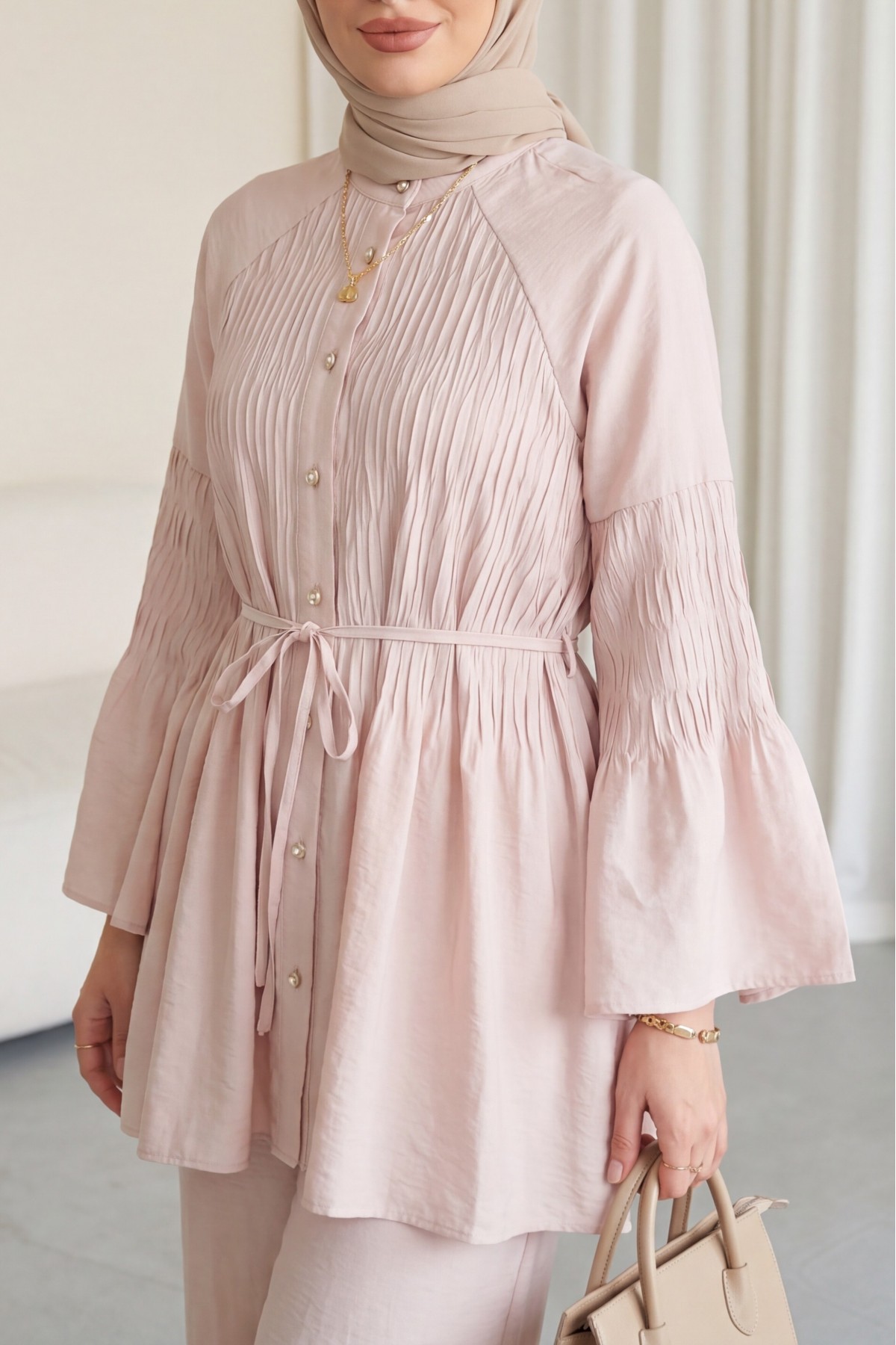 Spanish Sleeve Embellished Buttoned Belted Cupra Tunic -Powder