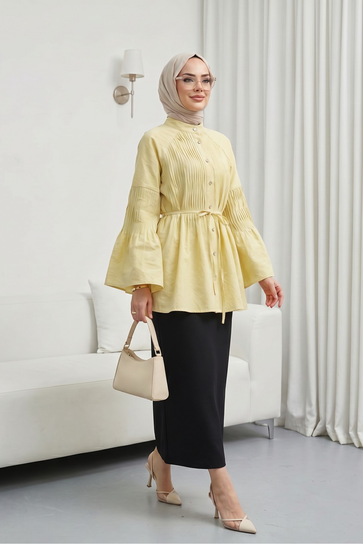Spanish Sleeve Embellished Buttoned Belted Cupra Tunic -Yellow