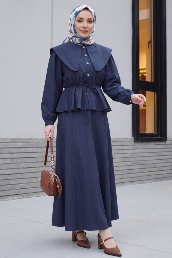 Seagull Collar, Elasticated Waist, Buttoned Skirt Cupra Suit -Navy blue