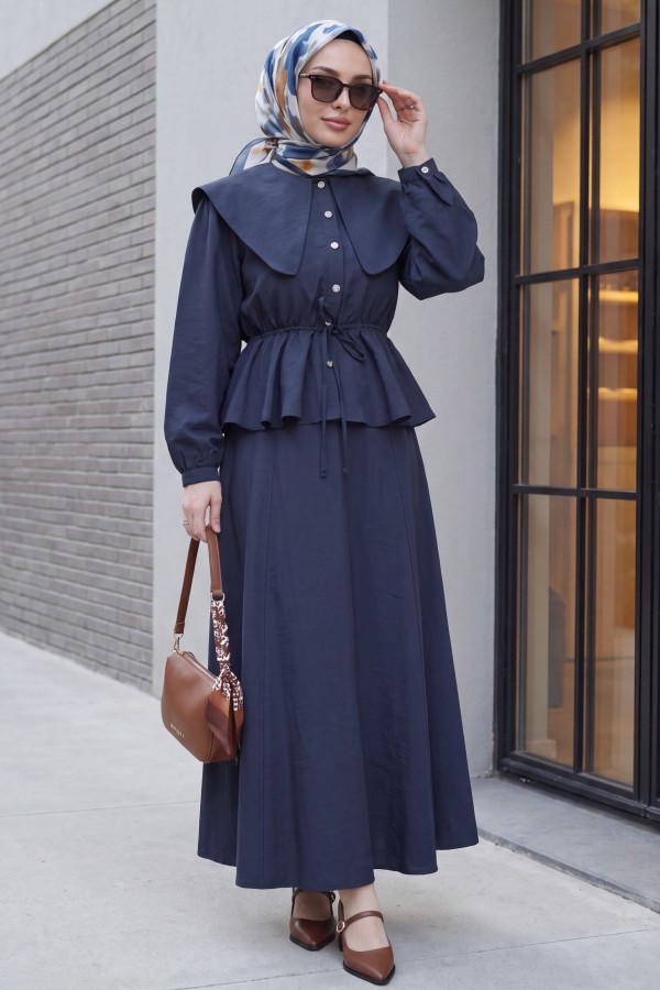 Seagull Collar, Elasticated Waist, Buttoned Skirt Cupra Suit -Navy blue