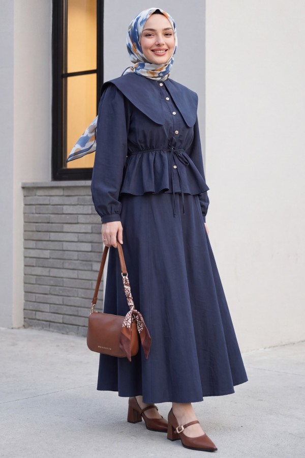 Seagull Collar, Elasticated Waist, Buttoned Skirt Cupra Suit -Navy blue