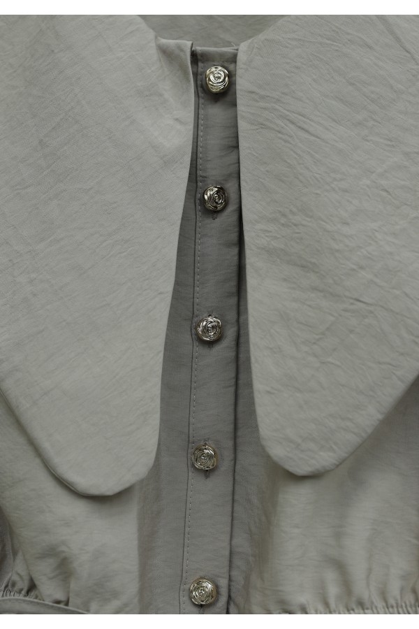 Seagull Collar, Elasticated Waist, Buttoned Skirt Cupra Suit -Stone