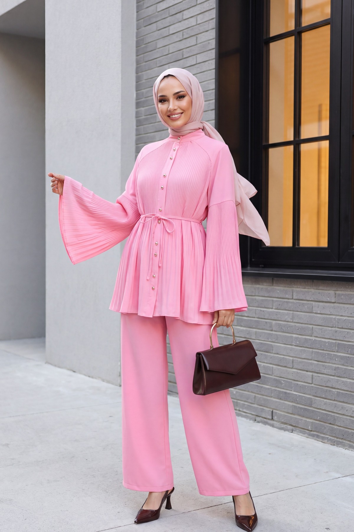 Pleated Mandarin Collar Buttoned Crepe Set  -Pink