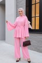 Piliseli Hakim Yaka Düğmeli Krep Takım -Pembe