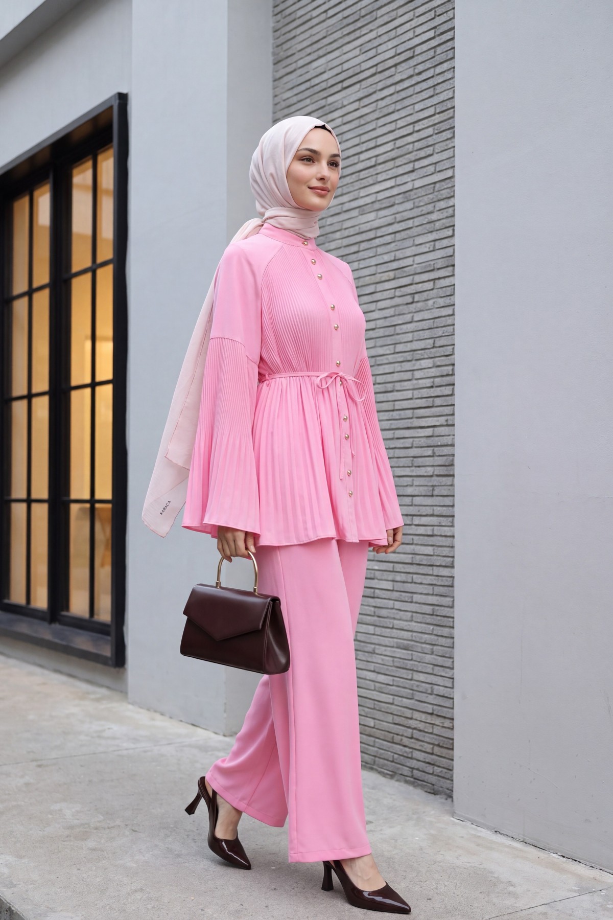 Pleated Mandarin Collar Buttoned Crepe Set  -Pink