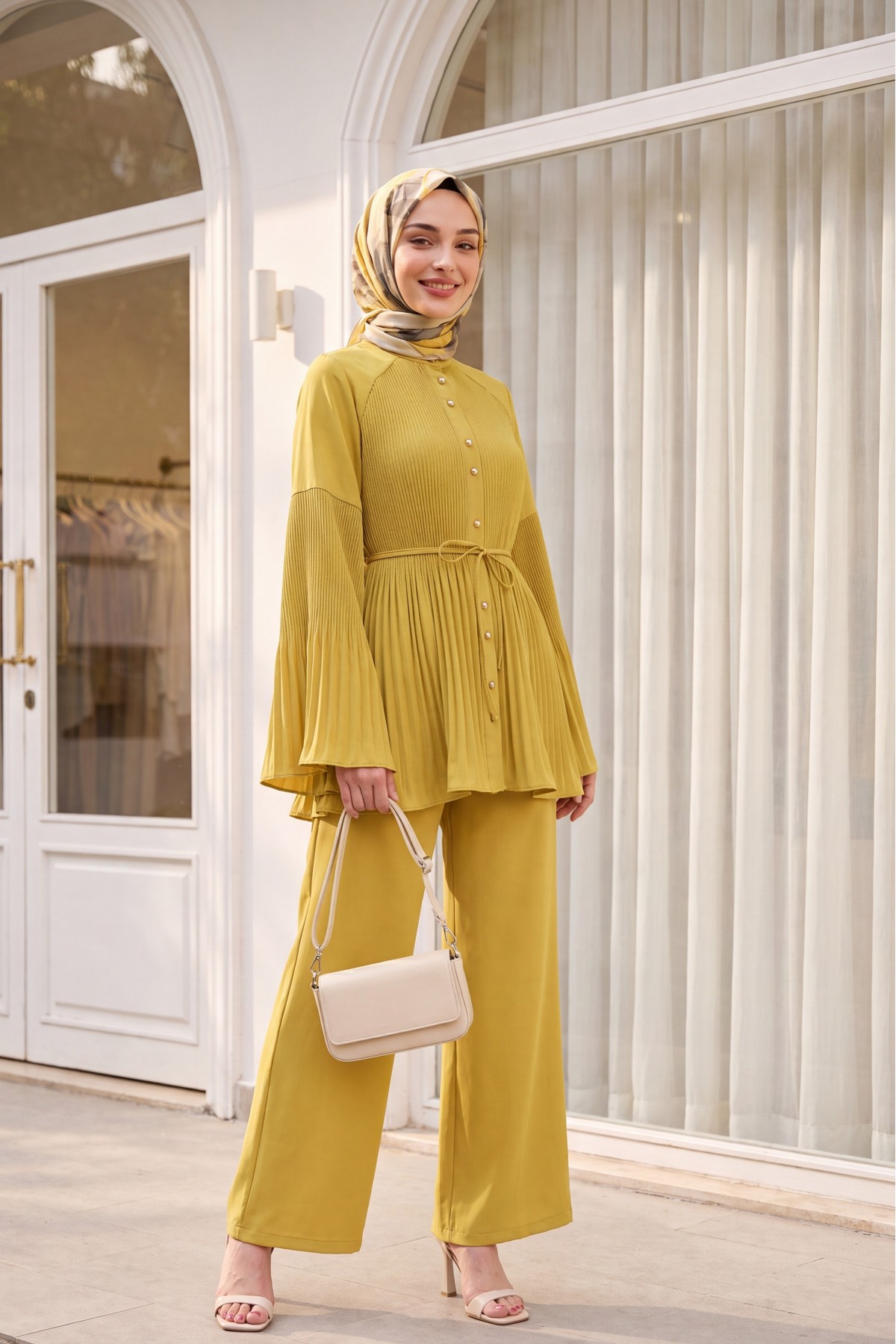 Pleated Mandarin Collar Buttoned Crepe Set  -Oil Green detay görseli