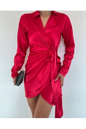 Front Draped Lace-up Satin Dress -Red