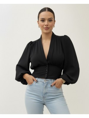 Düğmeli Arkası Lastikli Balon Kol Sandy Crop -Siyah