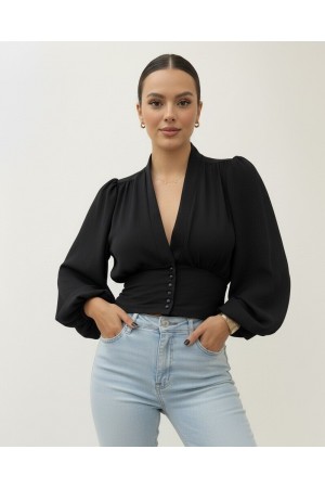 Buttoned Elastic Back Balloon Sleeve Sandy Crop -Black