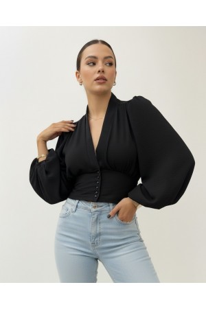 Düğmeli Arkası Lastikli Balon Kol Sandy Crop -Siyah