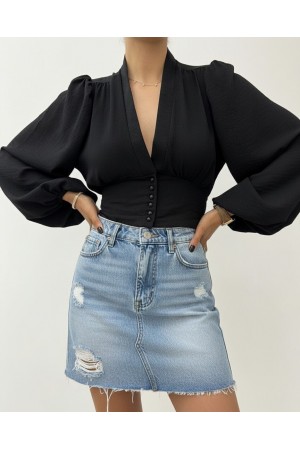 Düğmeli Arkası Lastikli Balon Kol Sandy Crop -Siyah