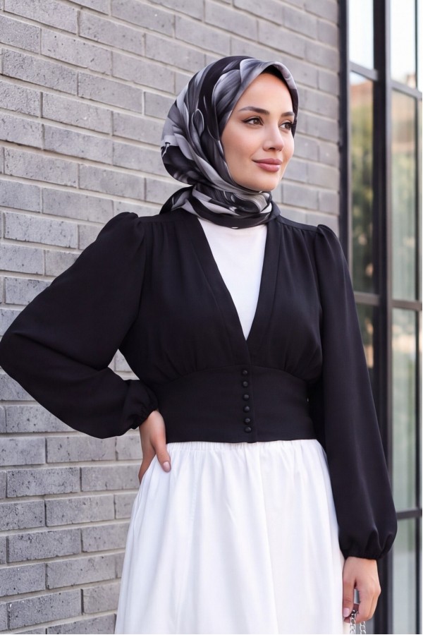 Buttoned Elastic Back Balloon Sleeve Sandy Crop -Black