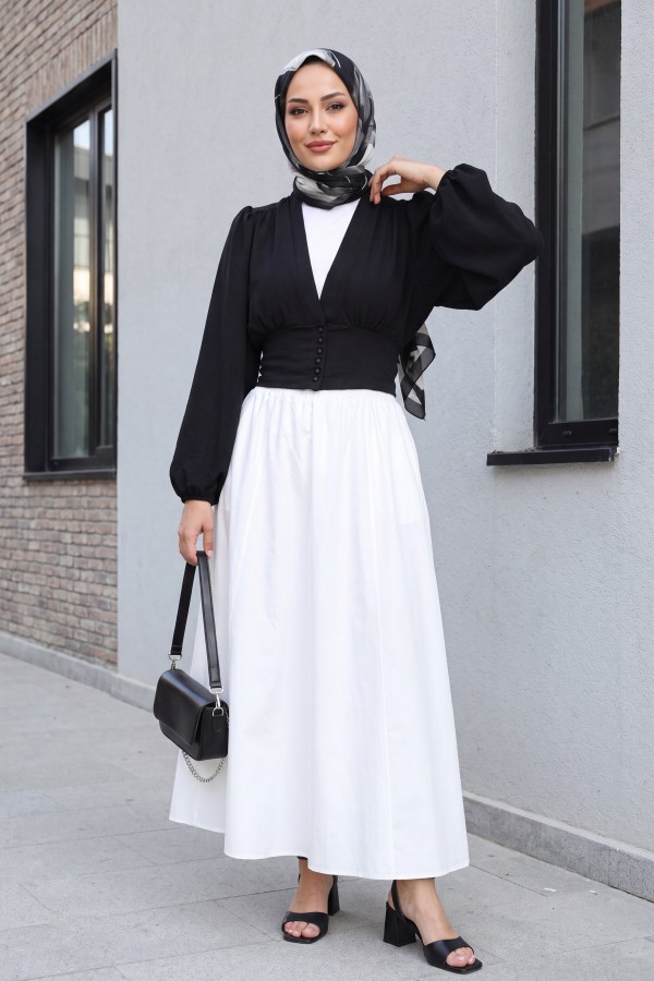 Buttoned Elastic Back Balloon Sleeve Sandy Crop -Black