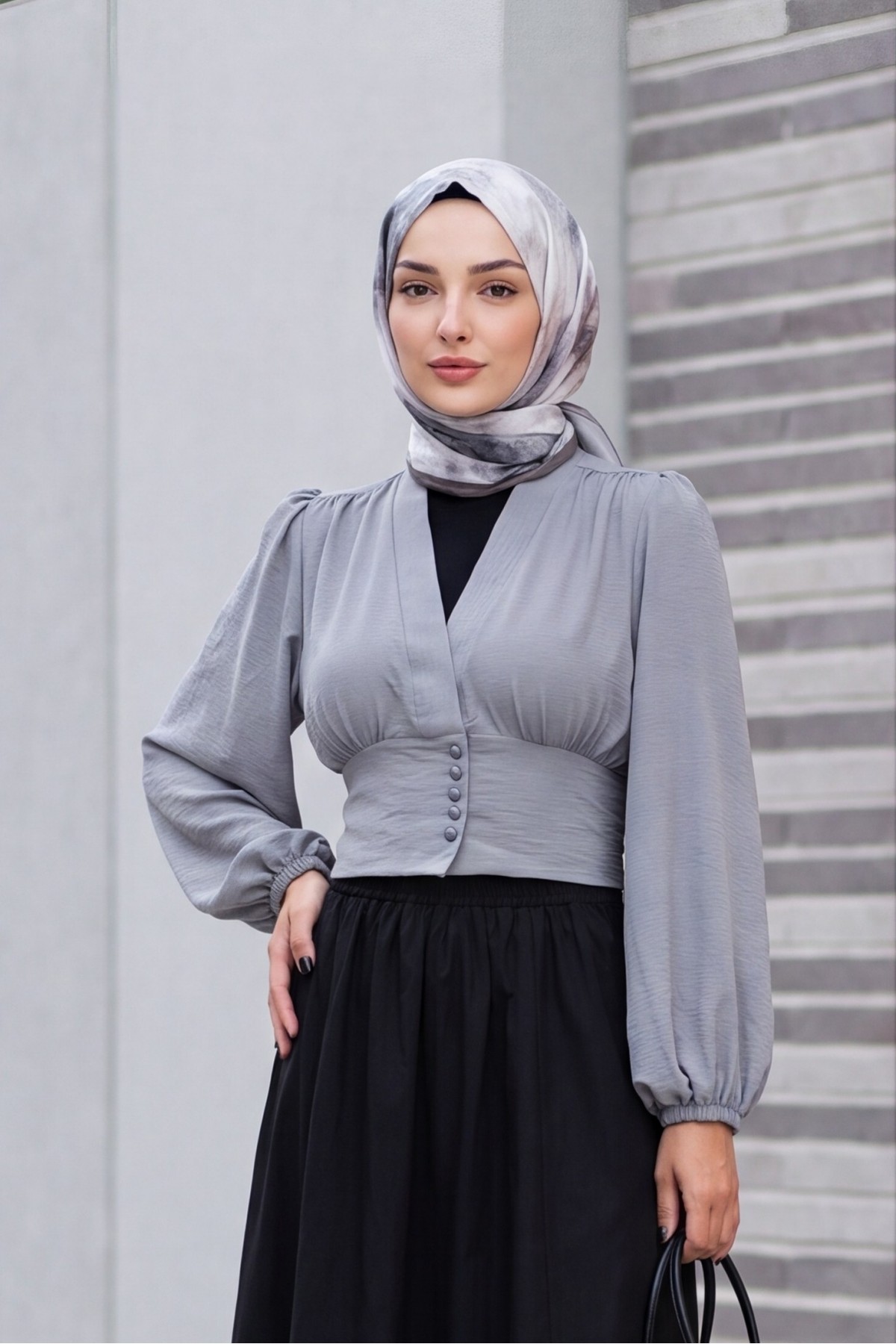 Düğmeli Arkası Lastikli Balon Kol Sandy Crop    -Gri