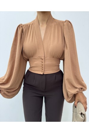 Düğmeli Arkası Lastikli Balon Kol Sandy Crop     -Vizon