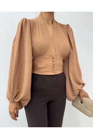 Düğmeli Arkası Lastikli Balon Kol Sandy Crop     -Vizon