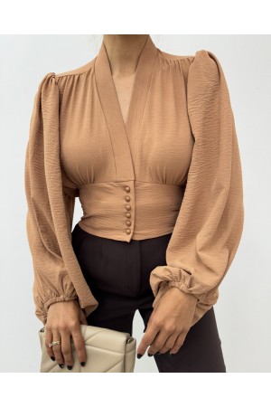 Düğmeli Arkası Lastikli Balon Kol Sandy Crop     -Vizon