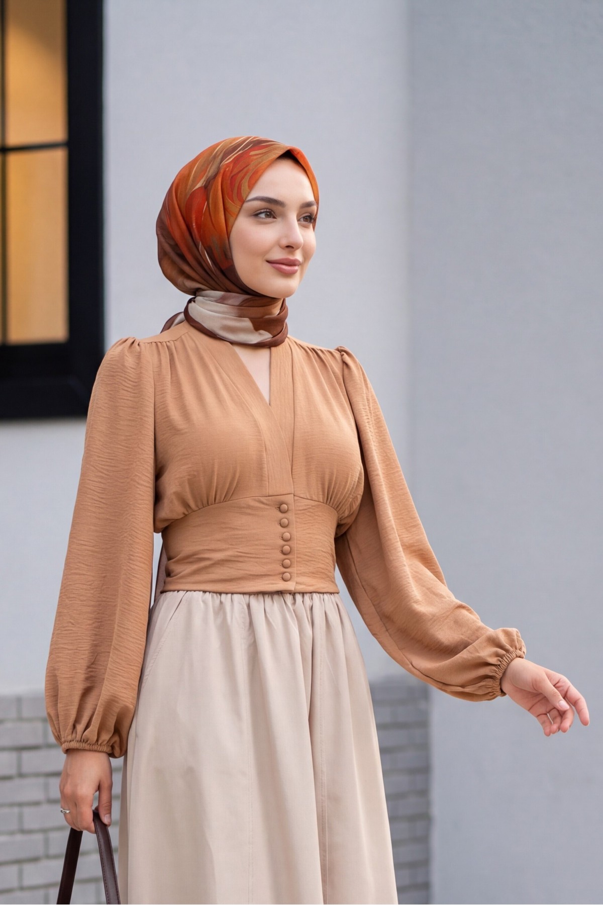Düğmeli Arkası Lastikli Balon Kol Sandy Crop     -Vizon