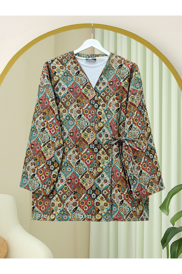 Beli Bağlamalı Cepli Desenli Astarlı Kapitone Kimono -Bej