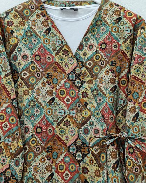 Quilted Kimono with Tied Waist, Pockets, Patterned Lining- Beige