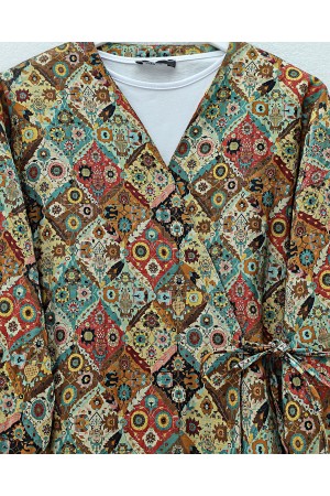 كيمونو مبطن مع خصر مربوط وجيوب وبطانة منقوشة -اللون البيج