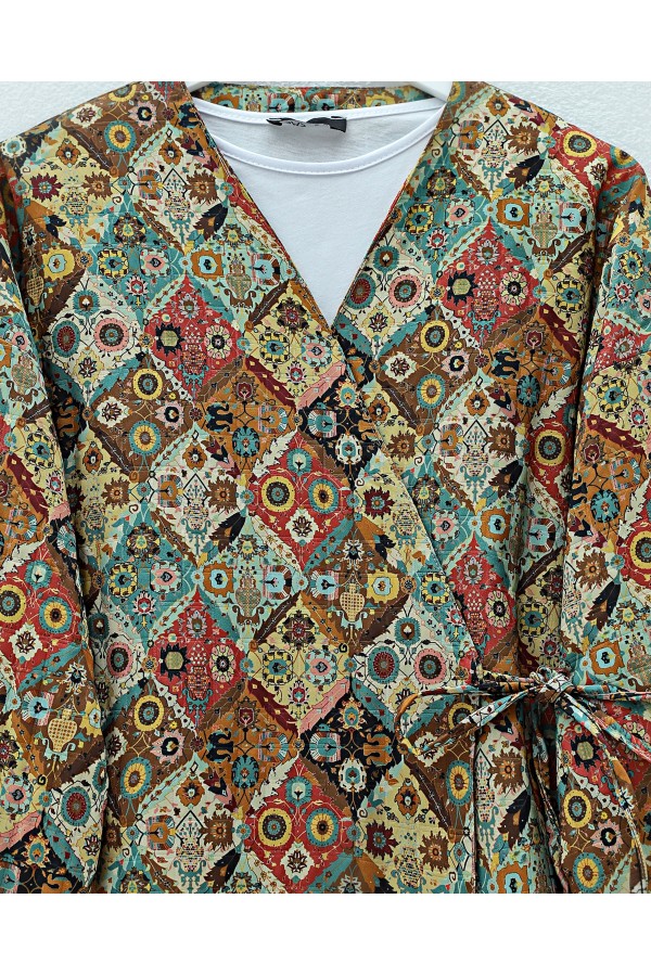Beli Bağlamalı Cepli Desenli Astarlı Kapitone Kimono -Bej