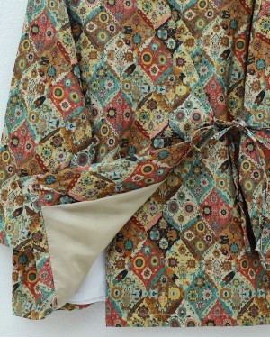 Quilted Kimono with Tied Waist, Pockets, Patterned Lining- Beige