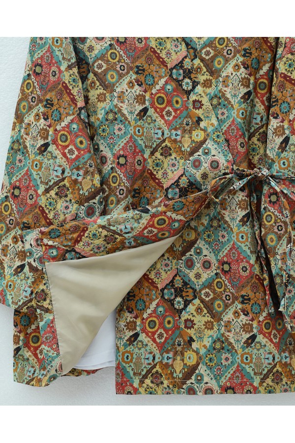 Beli Bağlamalı Cepli Desenli Astarlı Kapitone Kimono -Bej